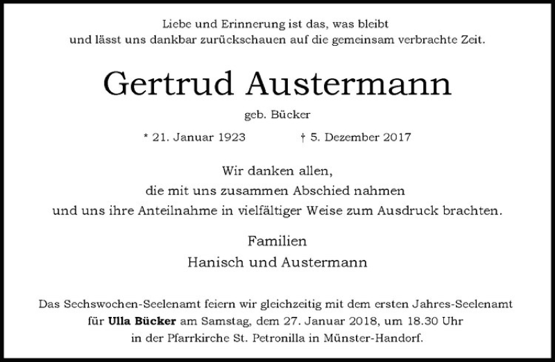  Traueranzeige für Gertrud Austermann vom 20.01.2018 aus Westfälische Nachrichten