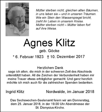 Anzeige von Agnes Klitz von Westfälische Nachrichten