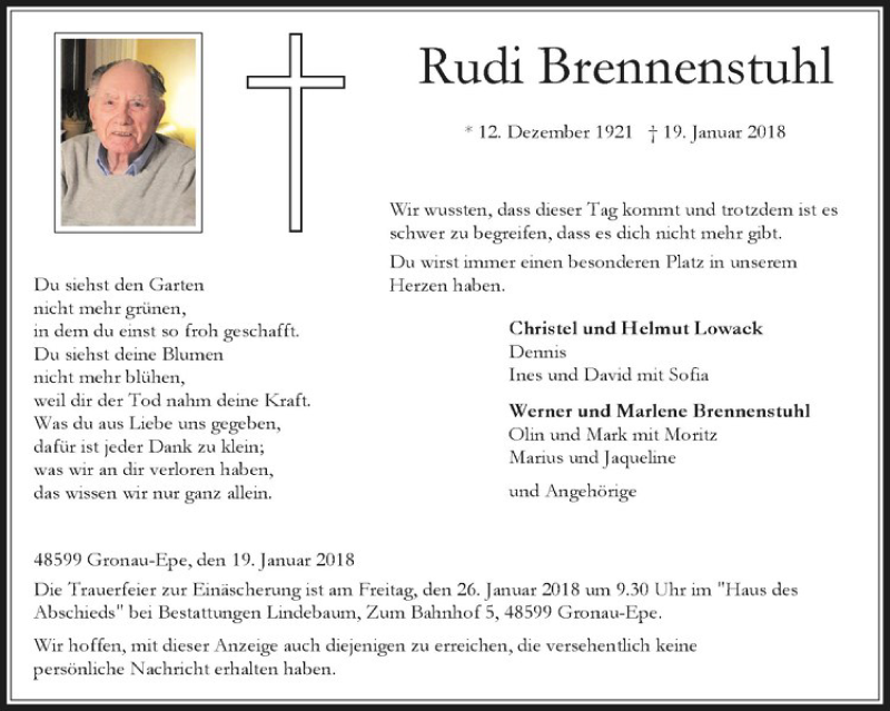  Traueranzeige für Rudi Brennenstuhl vom 23.01.2018 aus Westfälische Nachrichten