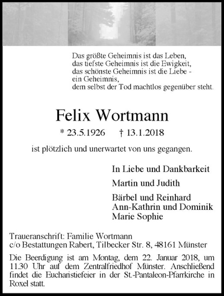 Traueranzeige für Felix Wortmann vom 18.01.2018 aus Westfälische Nachrichten
