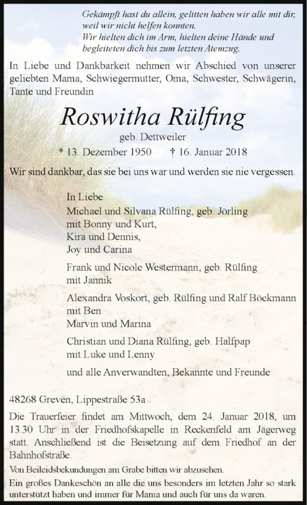  Traueranzeige für Roswitha Rülfing vom 20.01.2018 aus Westfälische Nachrichten