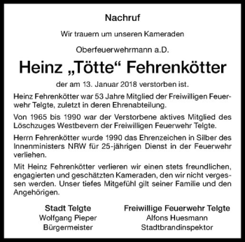 Anzeige von Heinz Fehrenkötter von Westfälische Nachrichten