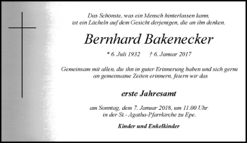 Anzeige von Bernhard Bakenecker von Westfälische Nachrichten