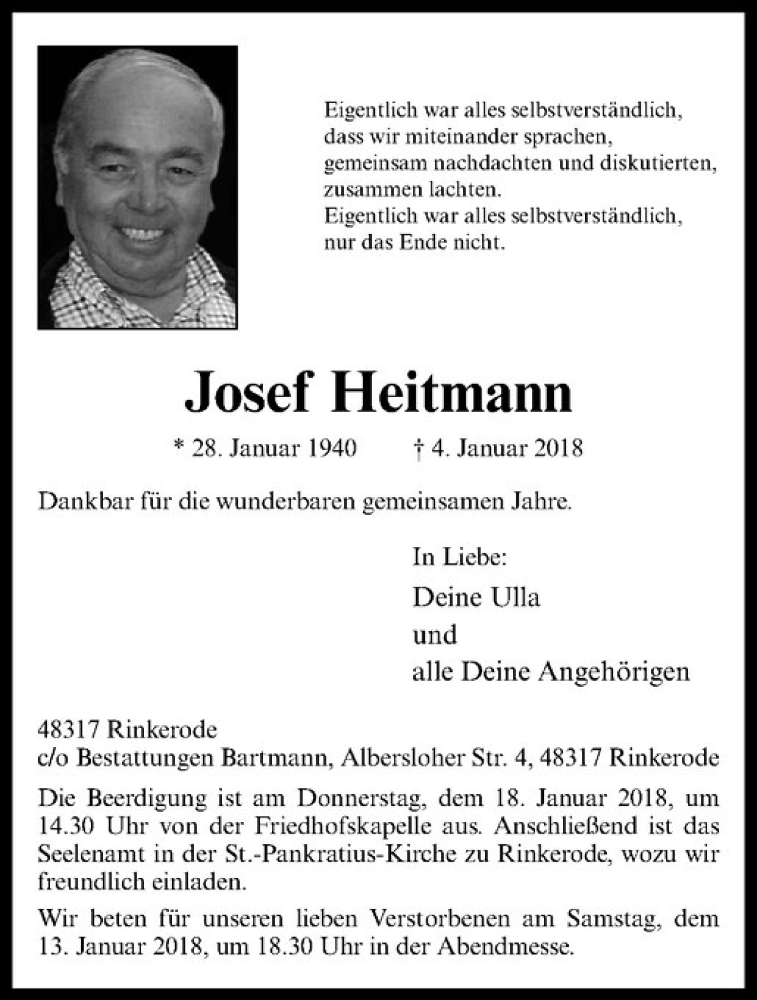  Traueranzeige für Josef Heitmann vom 12.01.2018 aus Westfälische Nachrichten