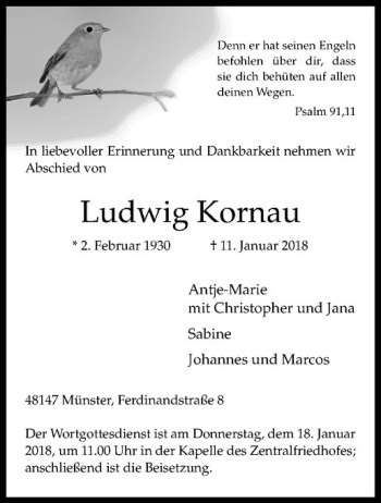 Anzeige von Ludwig Kornau von Westfälische Nachrichten