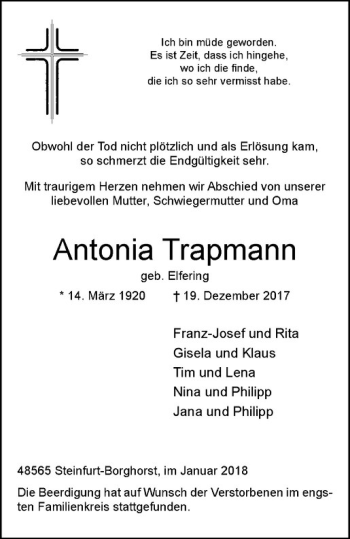 Anzeige von Antonia Trapmann von Westfälische Nachrichten