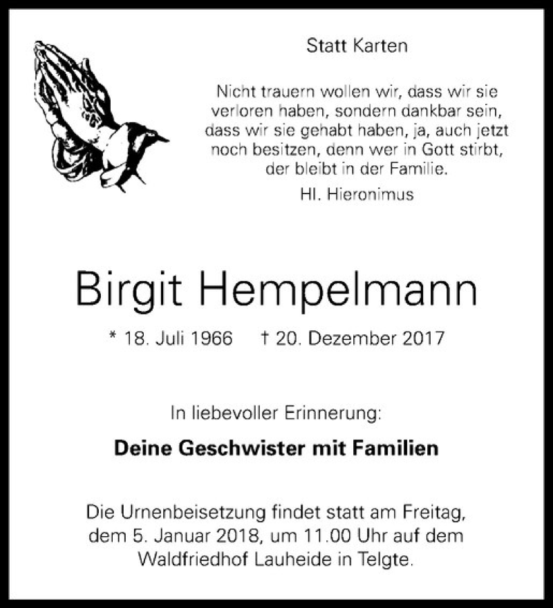  Traueranzeige für Birgit Hempelmann vom 02.01.2018 aus Westfälische Nachrichten