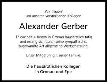 Anzeige von Alexander Gerber von Westfälische Nachrichten