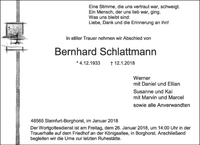  Traueranzeige für Bernhard Schlattmann vom 24.01.2018 aus Westfälische Nachrichten