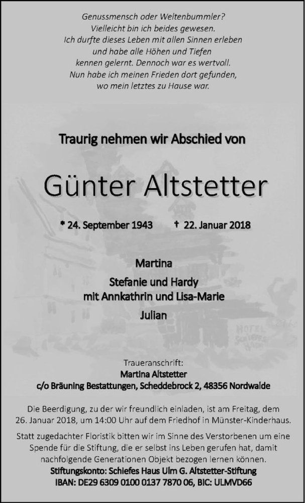  Traueranzeige für Günter Altstetter vom 24.01.2018 aus Westfälische Nachrichten
