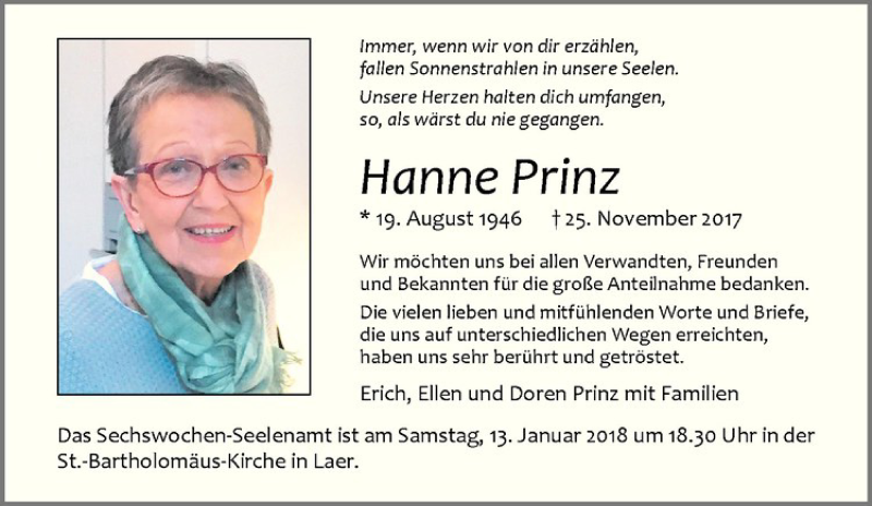  Traueranzeige für Hanne Prinz vom 06.01.2018 aus Westfälische Nachrichten