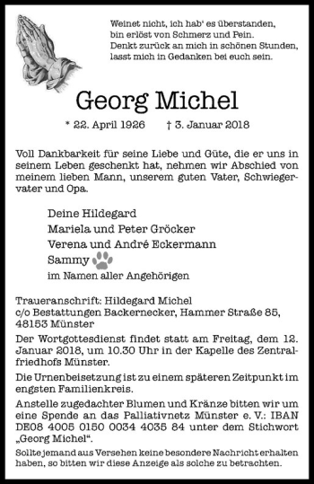 Anzeige von Georg Michel von Westfälische Nachrichten