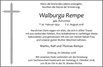 Anzeige von Walburga Rempe von Westfälische Nachrichten