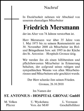 Anzeige von Friedrich Mersmann von Westfälische Nachrichten