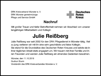 Anzeige von Julie Reißberg von Westfälische Nachrichten