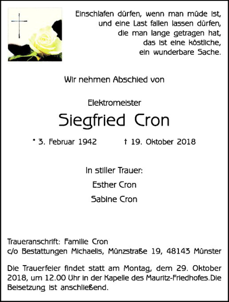  Traueranzeige für Siegfried Cron vom 24.10.2018 aus Westfälische Nachrichten
