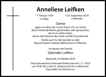 Anzeige von Anneliese Leifken von Westfälische Nachrichten