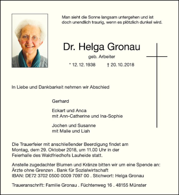 Anzeige von Helga Gronau von Westfälische Nachrichten
