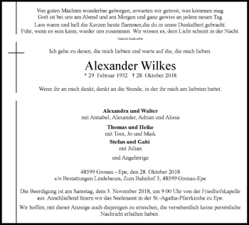 Anzeige von Alexander Wilkes von Westfälische Nachrichten