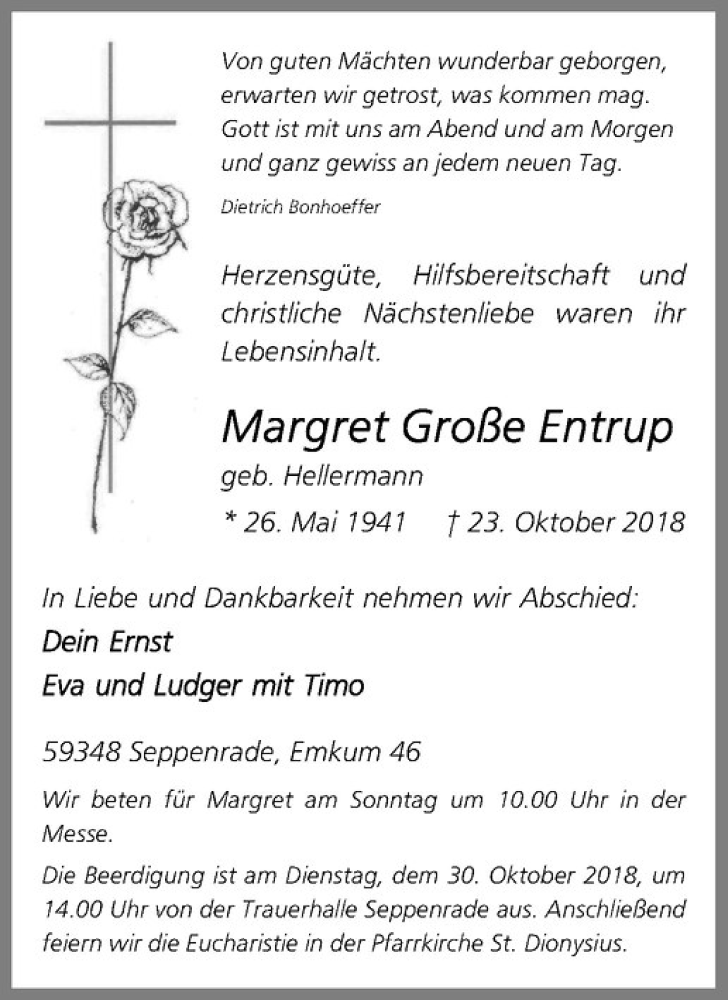  Traueranzeige für Margret Große Entrup vom 26.10.2018 aus Westfälische Nachrichten