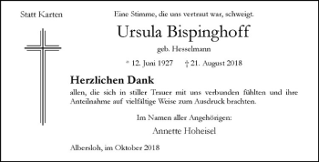 Anzeige von Ursula Bispinghoff von Westfälische Nachrichten