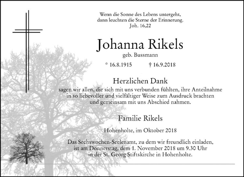  Traueranzeige für Johanna Rickels vom 27.10.2018 aus Westfälische Nachrichten