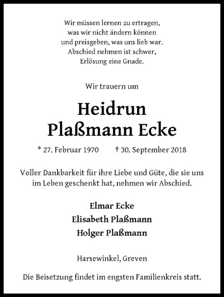  Traueranzeige für Heidrun Plaßmann Ecke vom 13.10.2018 aus Westfälische Nachrichten