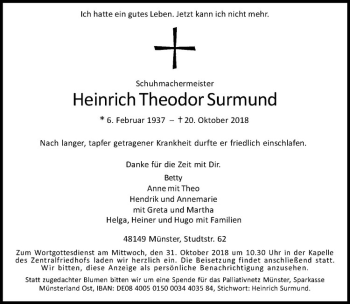 Anzeige von Heinrich Theodor Surmund von Westfälische Nachrichten