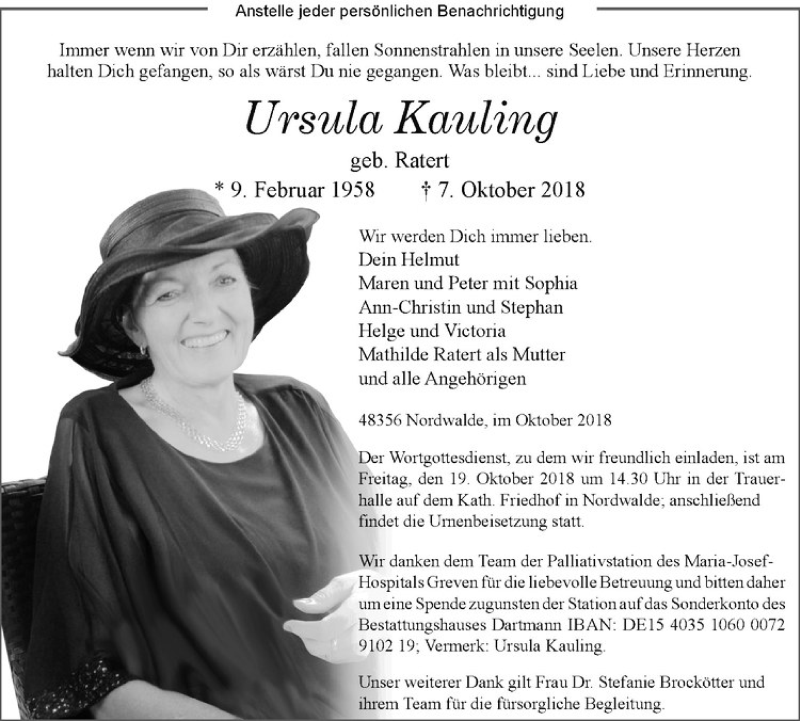  Traueranzeige für Ursula Kauling vom 13.10.2018 aus Westfälische Nachrichten