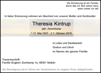Anzeige von Theresia Kintrup von Westfälische Nachrichten