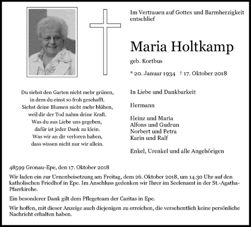  Traueranzeige für Maria Holtkamp vom 22.10.2018 aus Westfälische Nachrichten