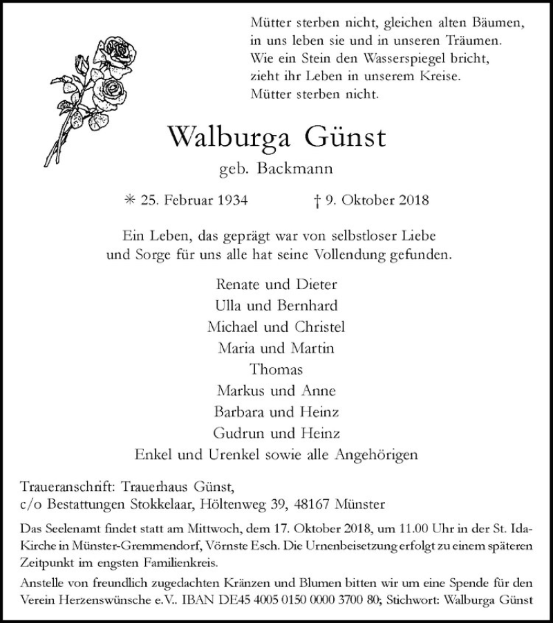  Traueranzeige für Walburga Günst vom 13.10.2018 aus Westfälische Nachrichten