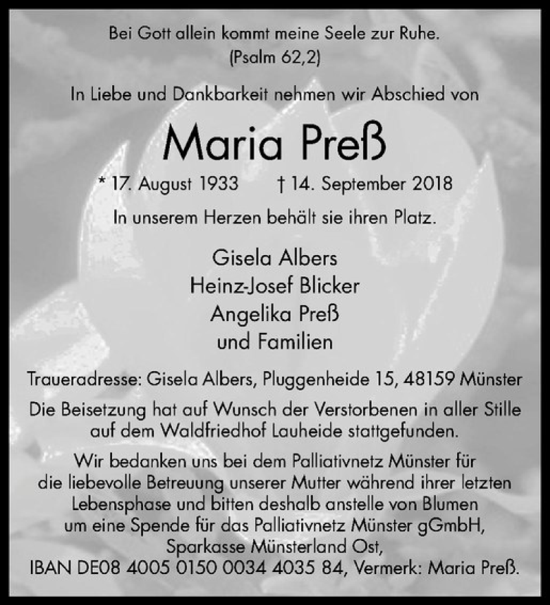  Traueranzeige für Maria Preß vom 10.10.2018 aus Westfälische Nachrichten