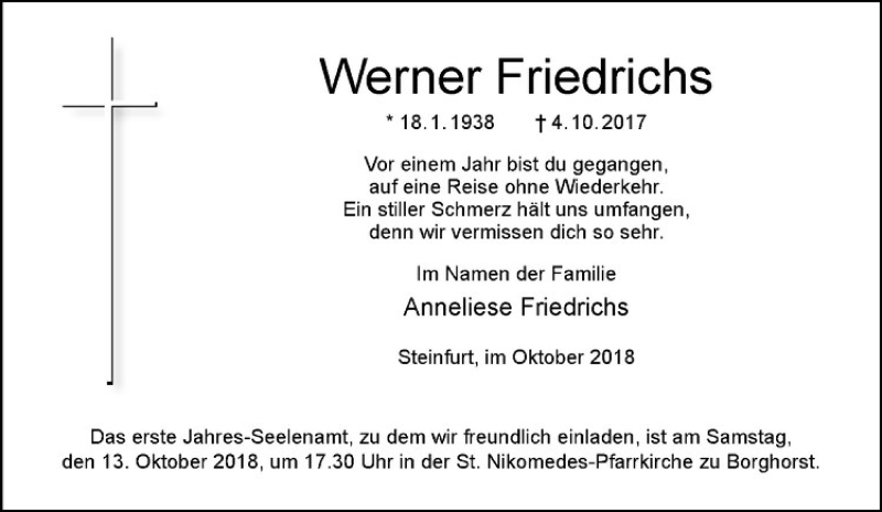  Traueranzeige für Werner Friedrichs vom 06.10.2018 aus Westfälische Nachrichten