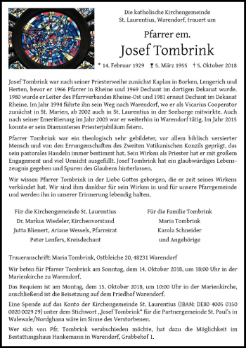 Anzeige von Josef Tombrink von Westfälische Nachrichten