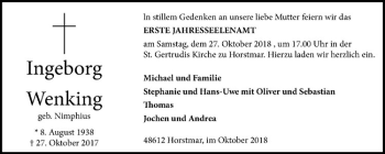 Anzeige von Ingeborg Wenking von Westfälische Nachrichten