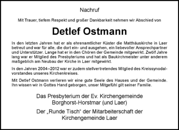 Anzeige von Detlef Ostmann von Westfälische Nachrichten