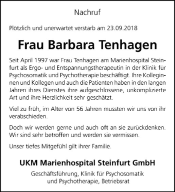 Anzeige von Barbara Tenhagen von Westfälische Nachrichten