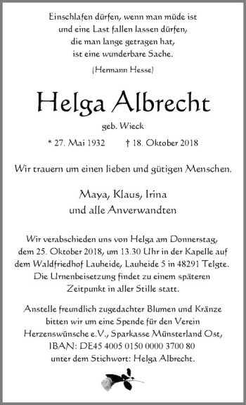 Anzeige von helga Albrecht von Westfälische Nachrichten