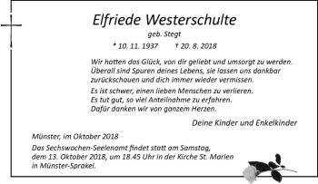 Anzeige von Elfriede Westerschulte von Westfälische Nachrichten