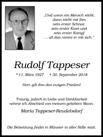 Anzeige von Rudolf Tappeser von Westfälische Nachrichten