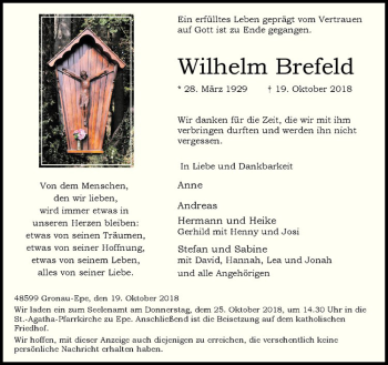 Anzeige von Wilhelm Brefeld von Westfälische Nachrichten