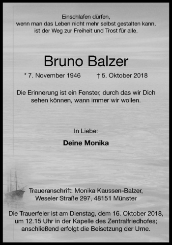 Anzeige von Bruno Balzer von Westfälische Nachrichten