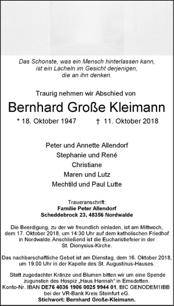 Anzeige von Bernhard Große Kleimann von Westfälische Nachrichten
