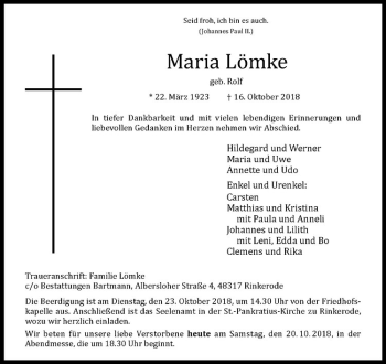 Anzeige von Maria Lömke von Westfälische Nachrichten