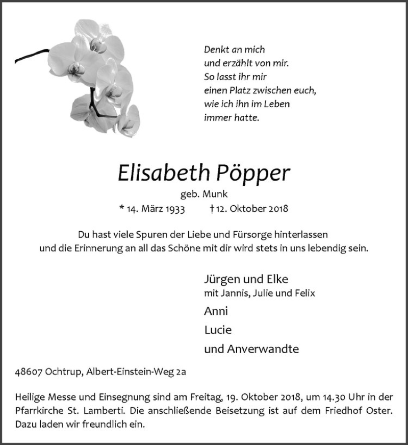  Traueranzeige für Elisabeth Pöpper vom 15.10.2018 aus Westfälische Nachrichten