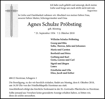 Anzeige von Agnes Schulze Pröbsting von Westfälische Nachrichten