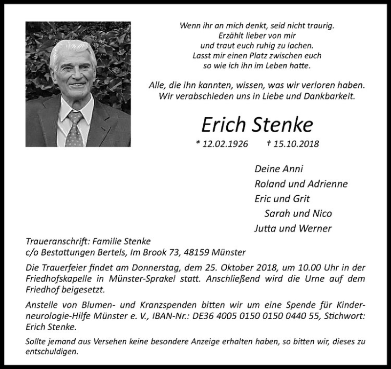  Traueranzeige für Erich Stenke vom 20.10.2018 aus Westfälische Nachrichten