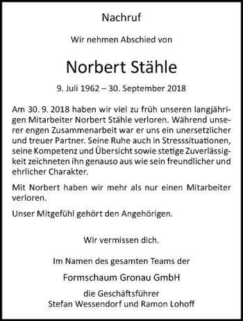 Anzeige von Norbert Stähle von Westfälische Nachrichten