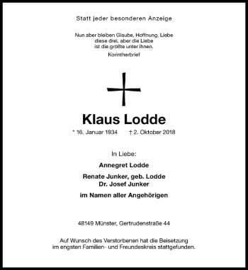 Anzeige von Klaus Lodde von Westfälische Nachrichten